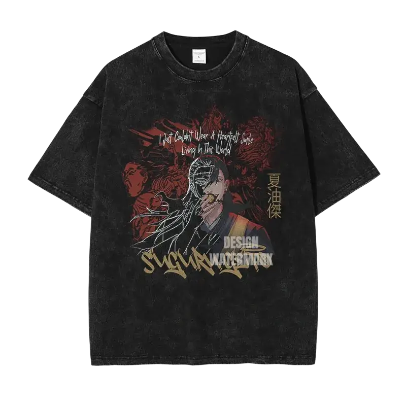 Black distressed cotton t shirt featuring jujutsu kaisen anime graphic with red gold accents finished goods design