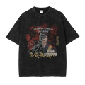 Black distressed cotton t shirt featuring jujutsu kaisen anime graphic with red gold accents finished goods design