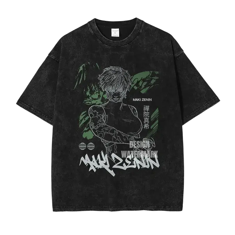 Black distressed cotton t-shirt featuring white and green maki zenin graphic from demon slayer by finished goods