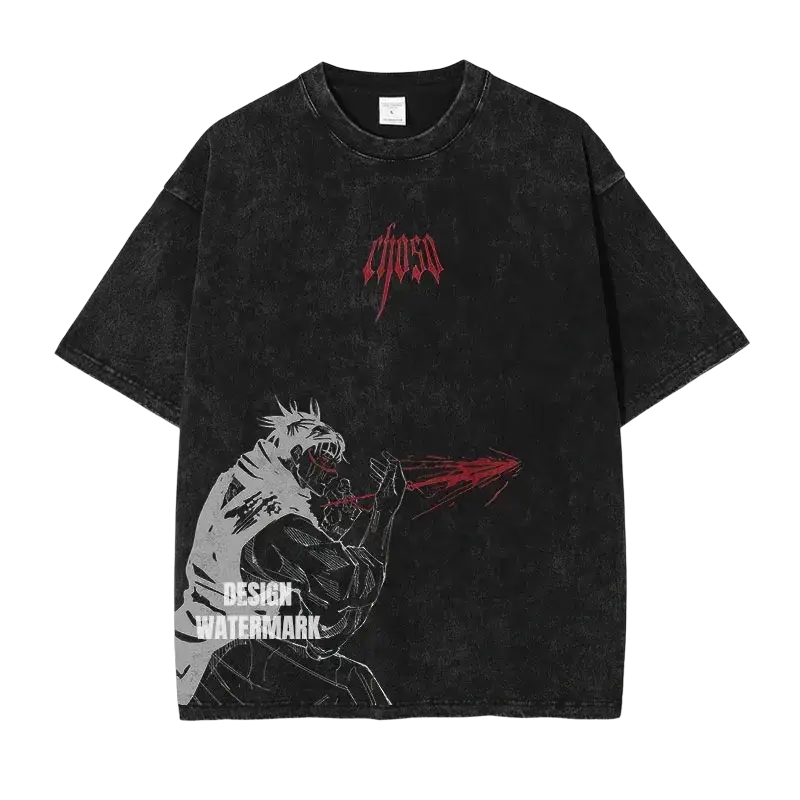 Black distressed cotton t shirt with roaring creature graphic and choco print from jujutsu kaisen finished goods