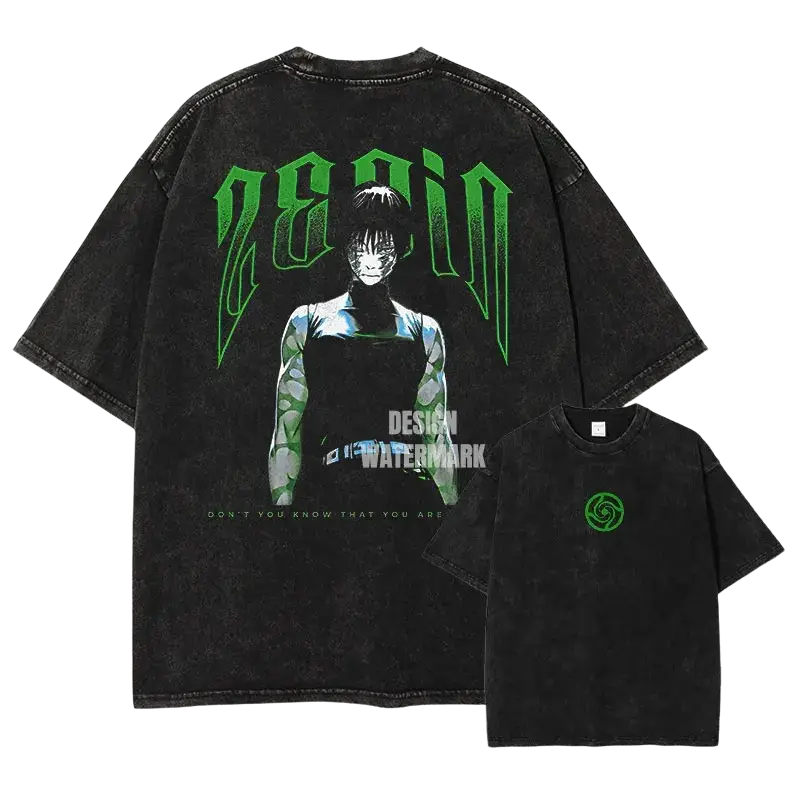 Black oversized Jujutsu Kaisen vintage washed finished goods t shirt with green anime character graphic and zenin text