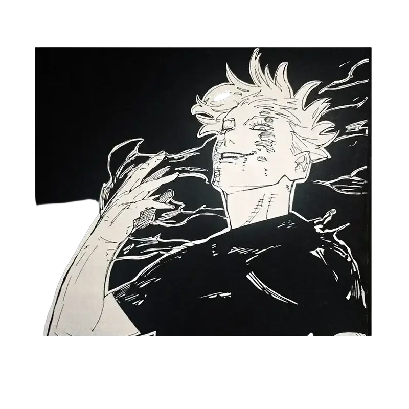 Black and white digital ink-jet printed jujutsu kaisen vintage washed anime t shirt featuring stylized character finished goods