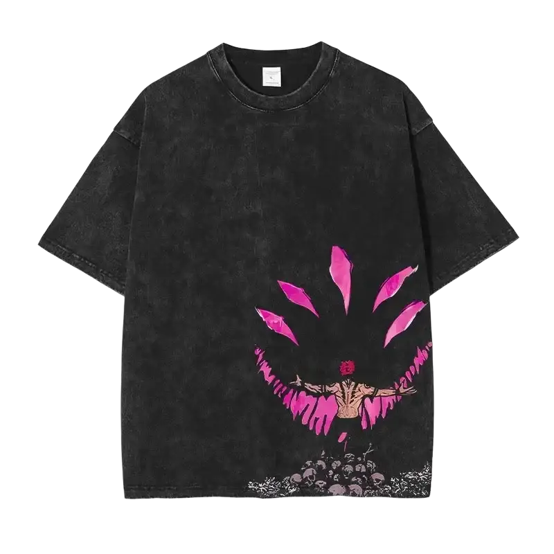 Black oversized vintage washed jujutsu kaisen finished goods t shirt with vibrant pink anime graphic wings and skulls