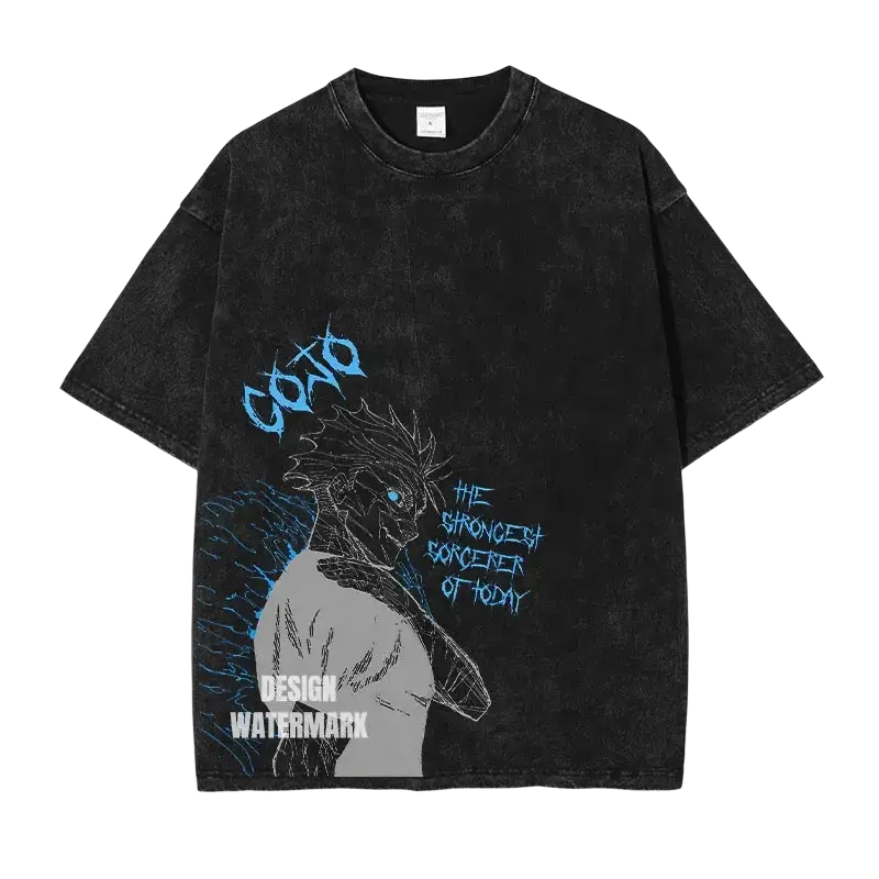 Black distressed cotton t shirt with blue and gray gojo anime graphic by finished goods for jujutsu kaisen fans
