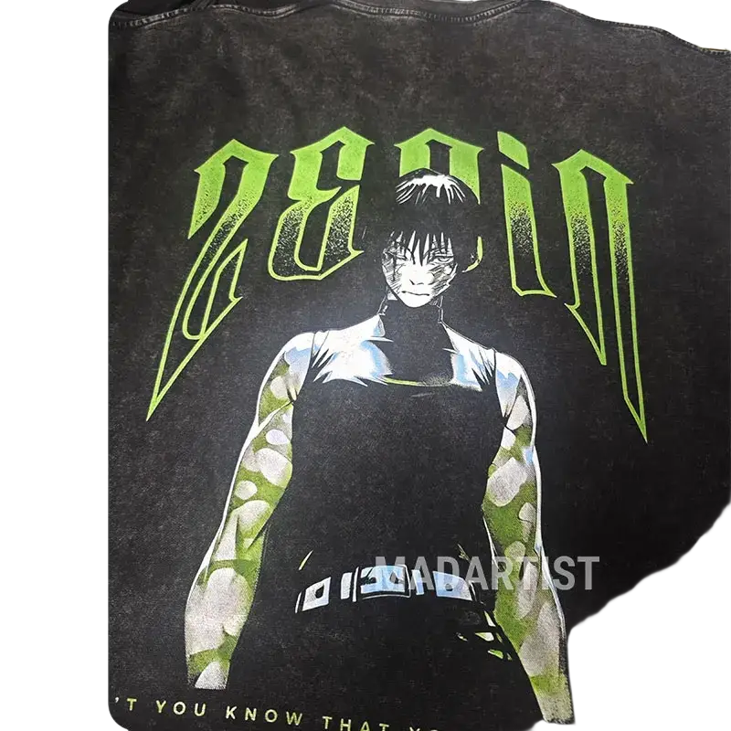 Black distressed Jujutsu Kaisen vintage washed anime t shirt with neon green zecin graphic and tattooed anime character finished goods