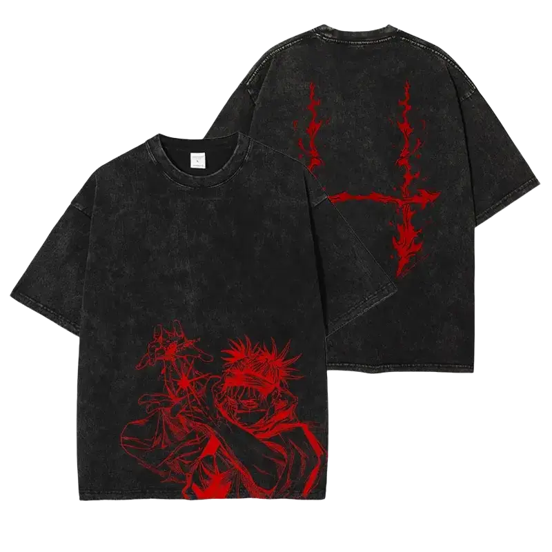 Black distressed cotton t-shirt with bold red jujutsu kaisen anime graphics front and back finished goods design