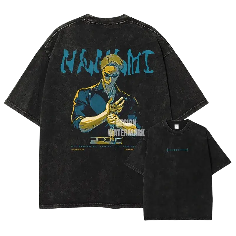 Black oversized jujutsu kaisen vintage washed anime t shirt with distressed blue and yellow graphic finished goods