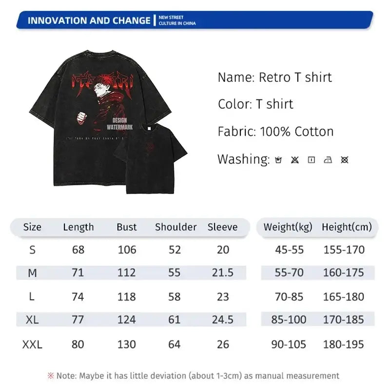 Black retro finished goods t shirt featuring jujutsu kaisen anime graphic in red and white 100 percent cotton
