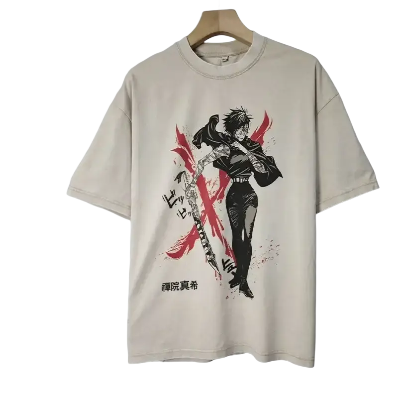 Cream-colored oversized jujutsu kaisen vintage washed anime t shirt featuring bold graphic sword design finished goods