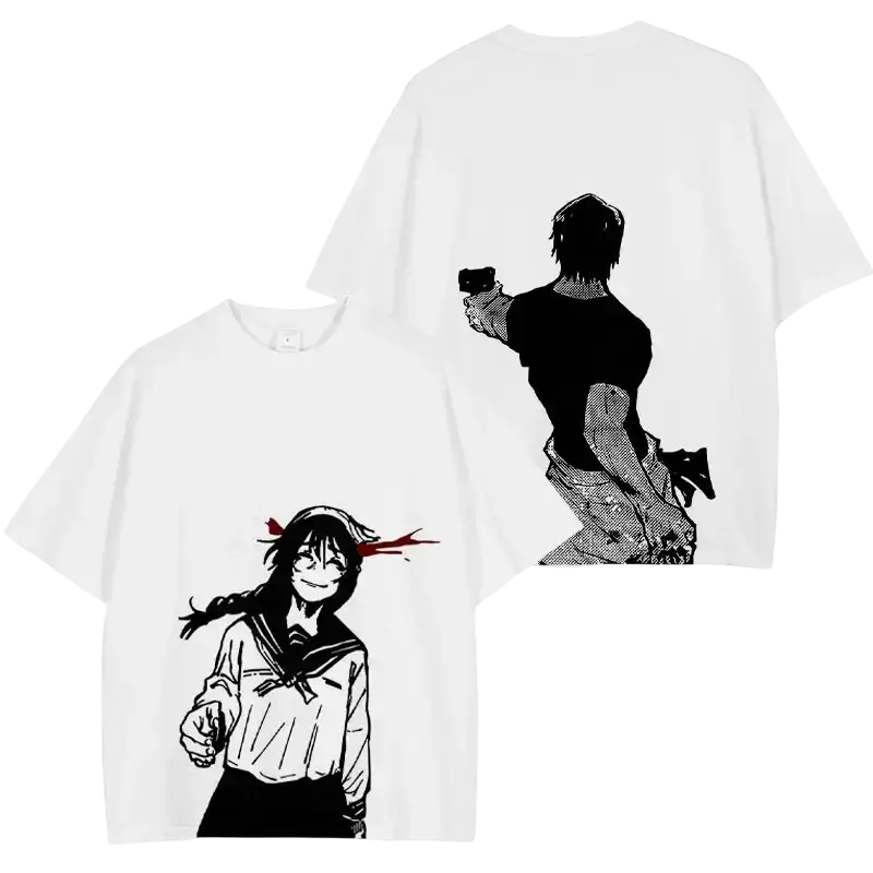White short-sleeved finished goods t shirt featuring black and white jujutsu kaisen anime illustrations front and back