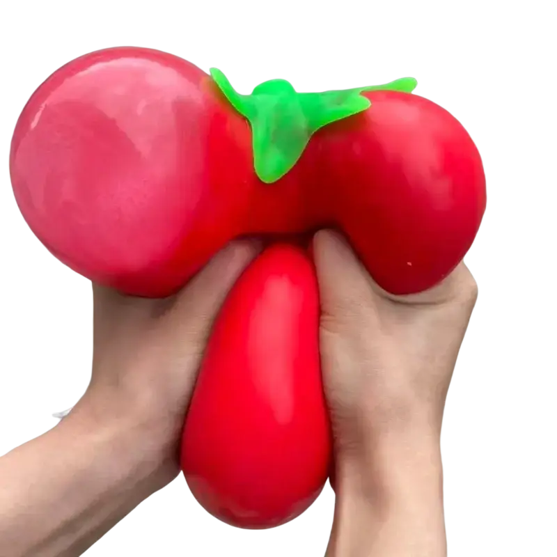 Red tomato-shaped stress ball with green leafy top jumbo strawberry slow rising sensory fidget toy for relaxation
