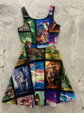 A vibrant sleeveless a-line skater dress with colorful dinosaur collage and names featuring pockets in bright colors
