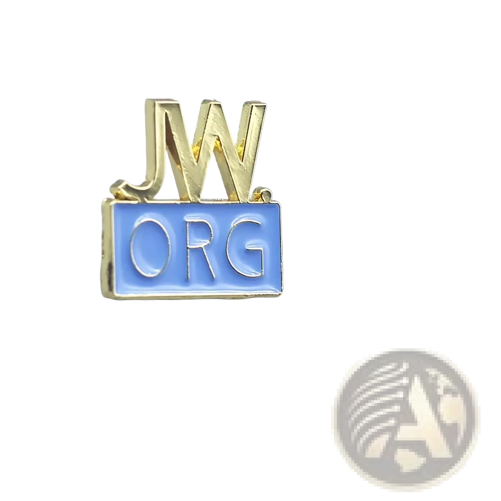 Gold-toned enamel pin brooch featuring jw letters above a light blue org-engraved rectangular base from Jw.org set