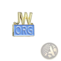 Gold-toned enamel pin brooch featuring jw letters above a light blue org-engraved rectangular base from Jw.org set