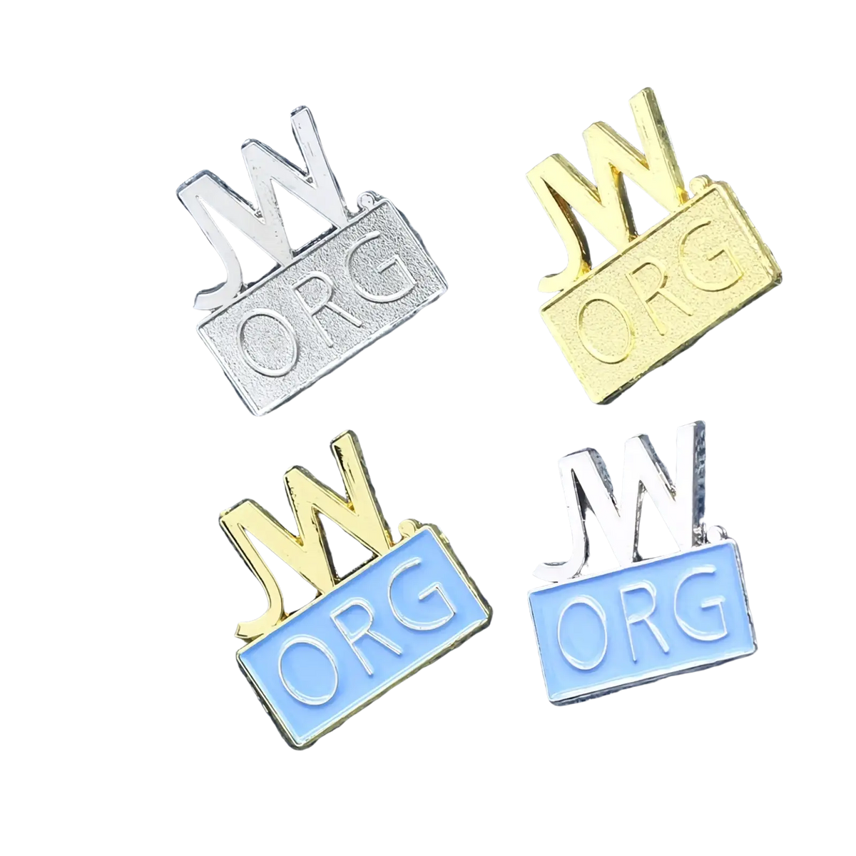 Four jw.org enamel brooch pins with metallic silver and gold letters on light blue rectangular enamel bases