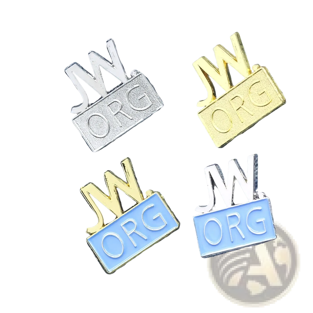 Four jw.org enamel brooch pins with metallic silver and gold letters on light blue rectangular enamel bases