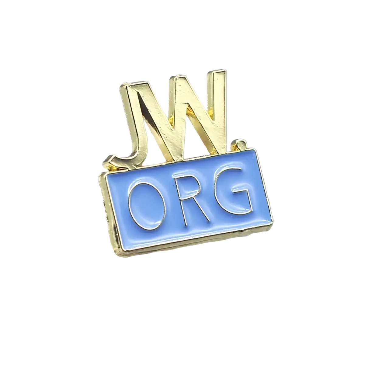 Gold-colored enamel brooch pin featuring jw letters above a light blue base with org in silver lettering from jw.org set