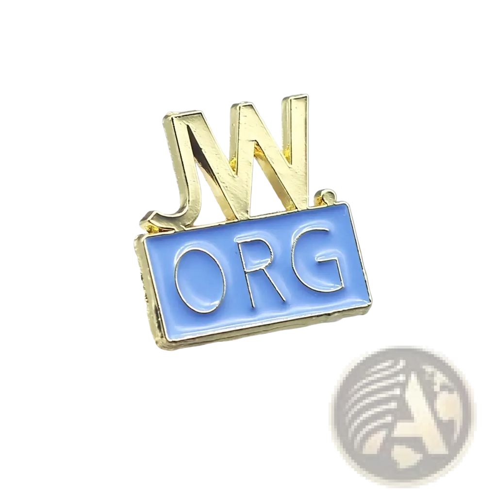 Gold-colored enamel brooch pin featuring jw letters above a light blue base with org in silver lettering from jw.org set