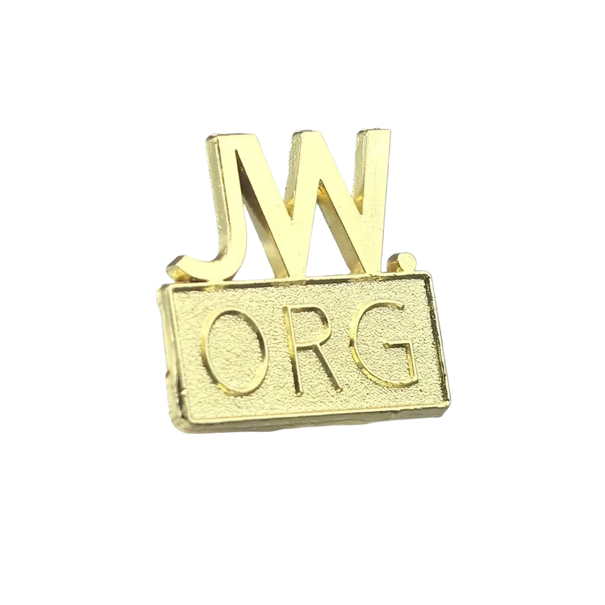 Gold-colored metal enamel brooch pin featuring jw letters above a rectangular org plaque for jw.org fans