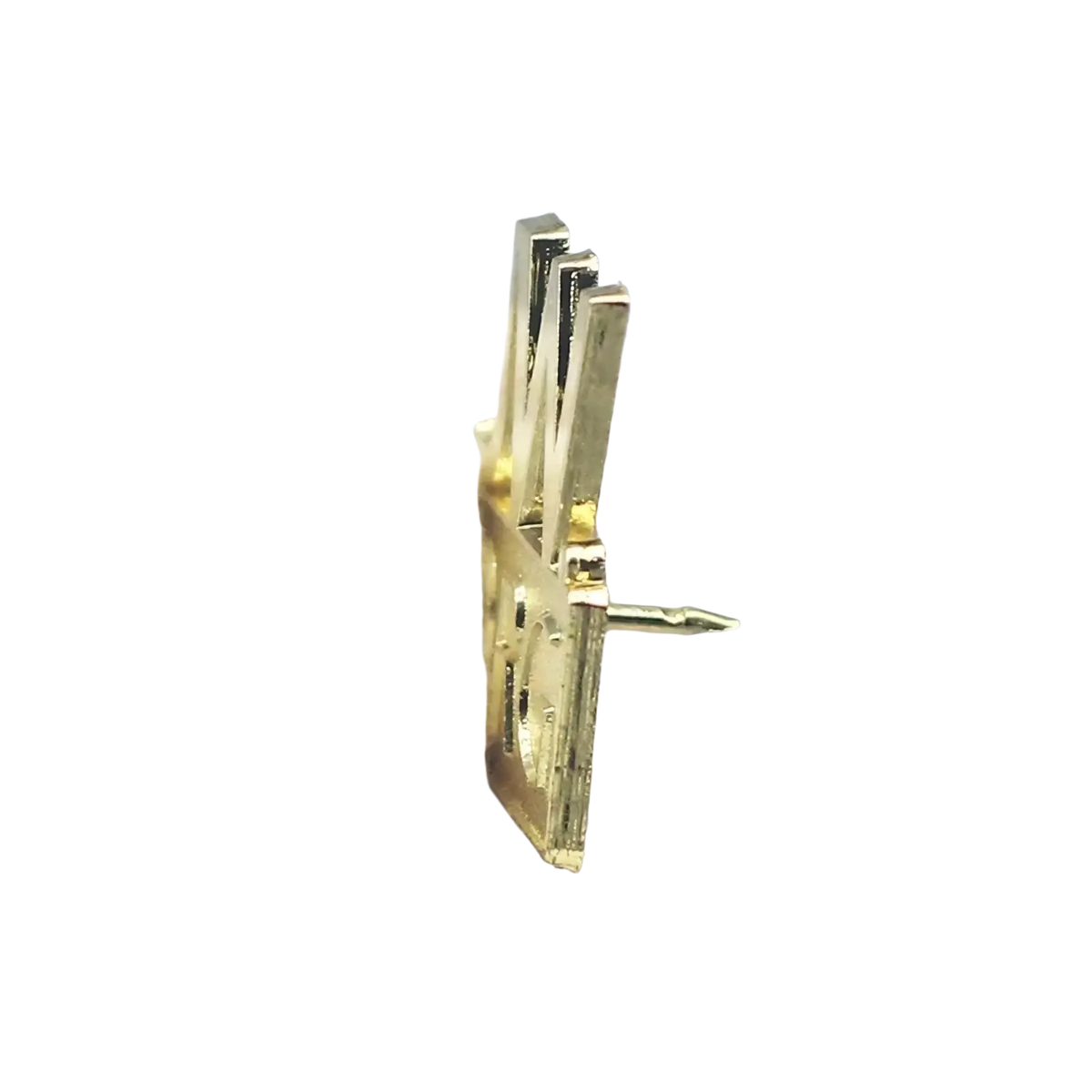 Gold-colored metal enamel brooch pin from jw.org set shaped like a stylized layered angular letter a