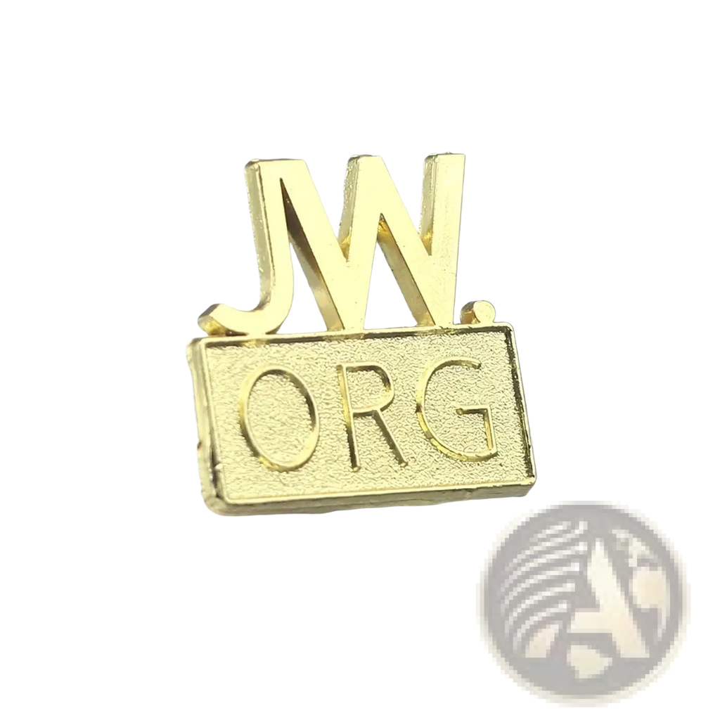 Gold-colored metal enamel brooch pin featuring jw letters above a rectangular org plaque for jw.org fans