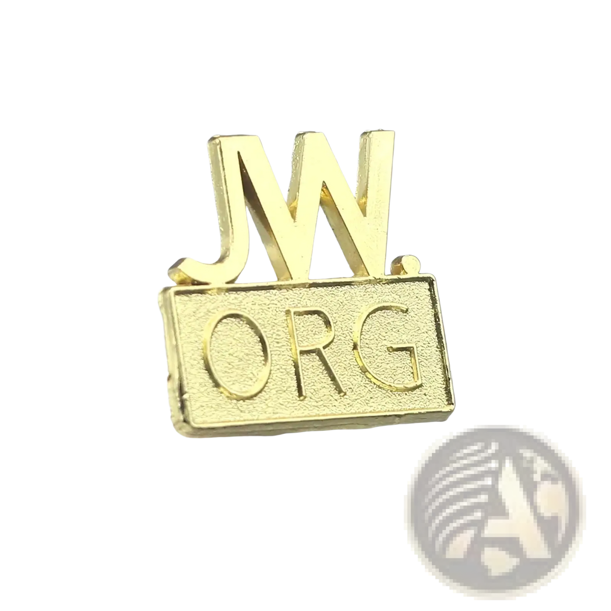 Gold-colored metal enamel brooch pin featuring jw letters above a rectangular org plaque for jw.org fans