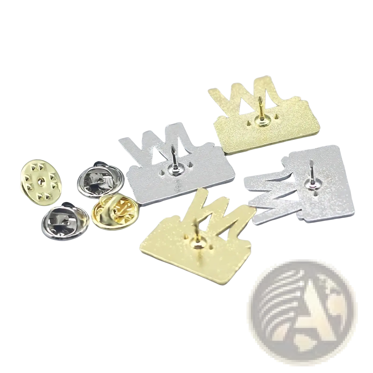 Jw.org enamel brooch pin set featuring gold and silver crown-shaped metal pins with a textured finish