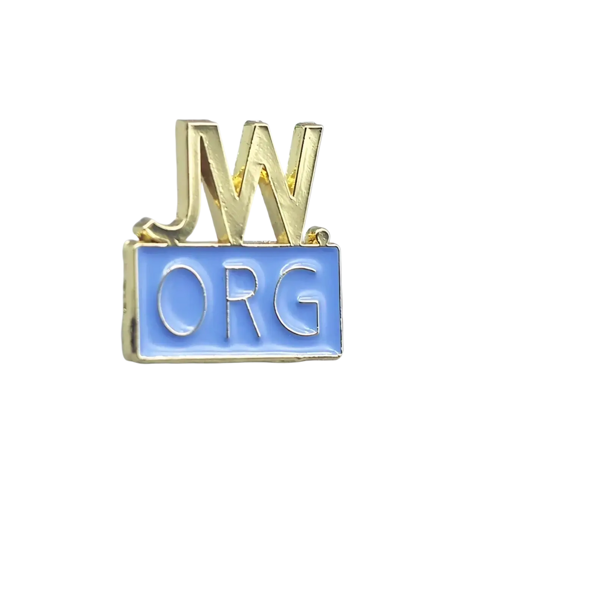 Gold-toned enamel pin brooch featuring jw letters above a light blue org-engraved rectangular base from Jw.org set