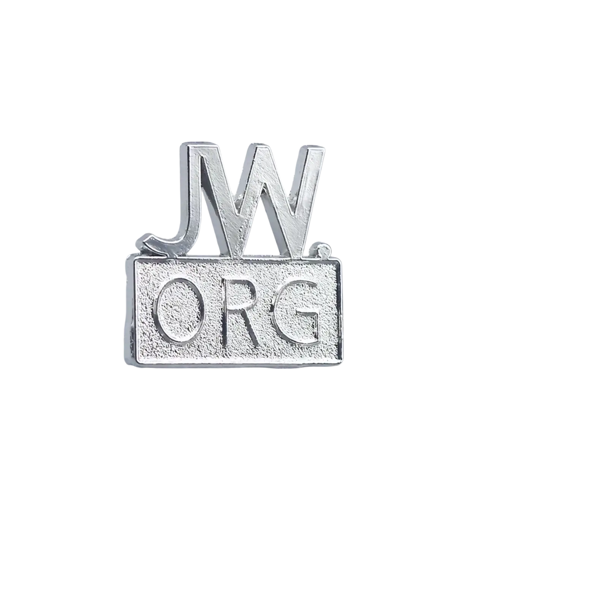 Silver metallic enamel brooch pin set featuring a textured raised jw org logo design