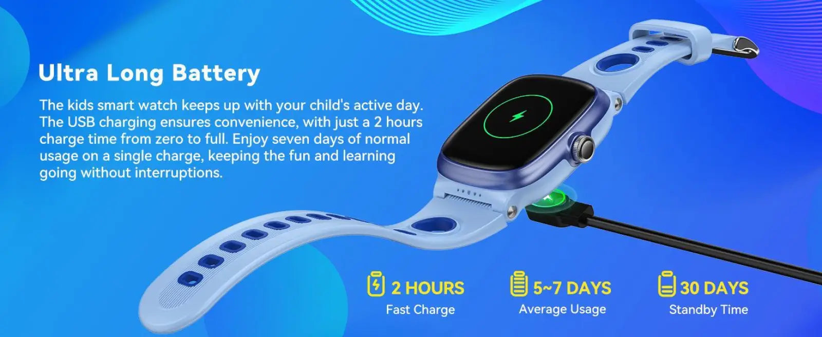 Light blue silicone strap kids waterproof smartwatch with silver smartwatch face and circular charging port visible