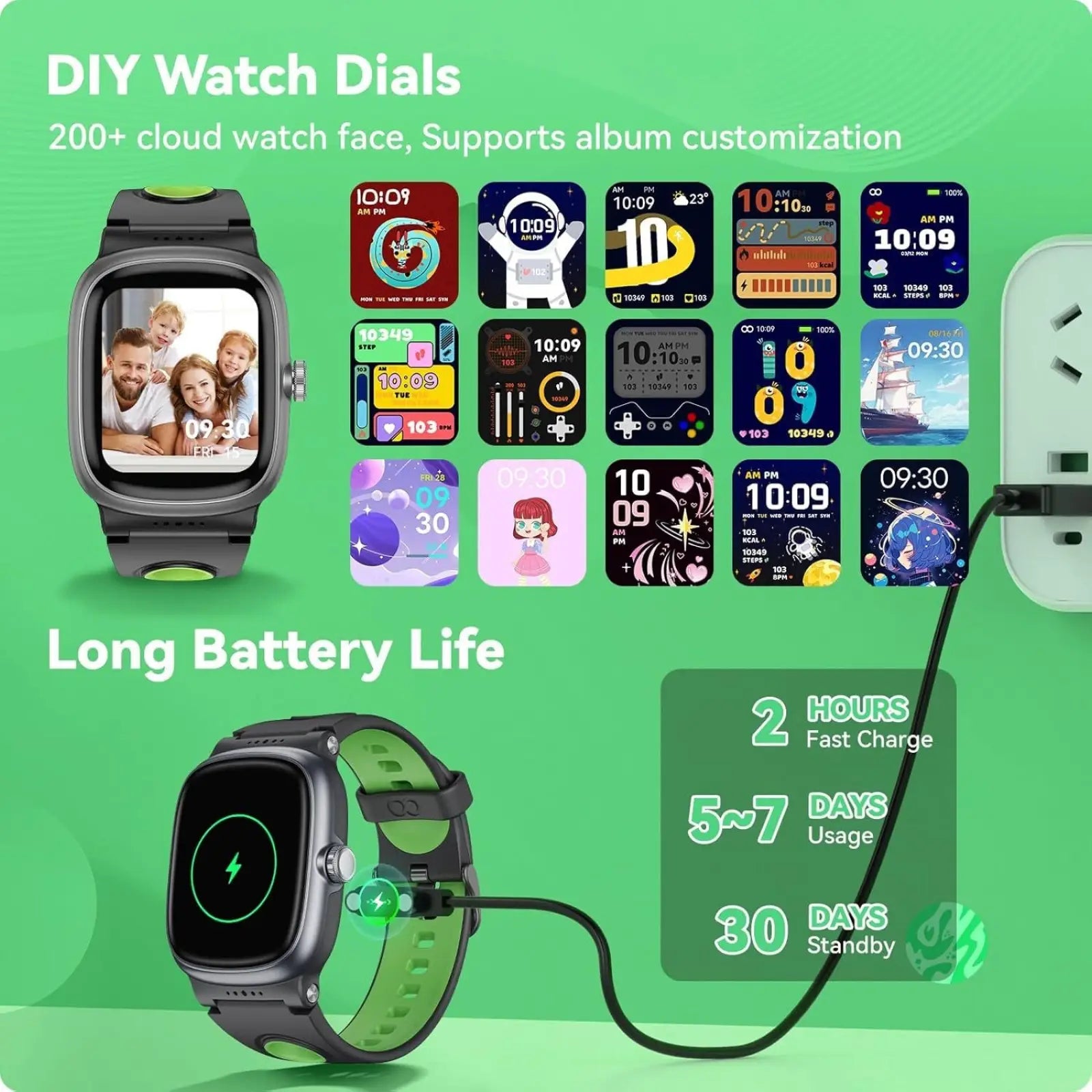 K1 kids waterproof smartwatch in black and green with customizable digital watch faces and fitness tracking features