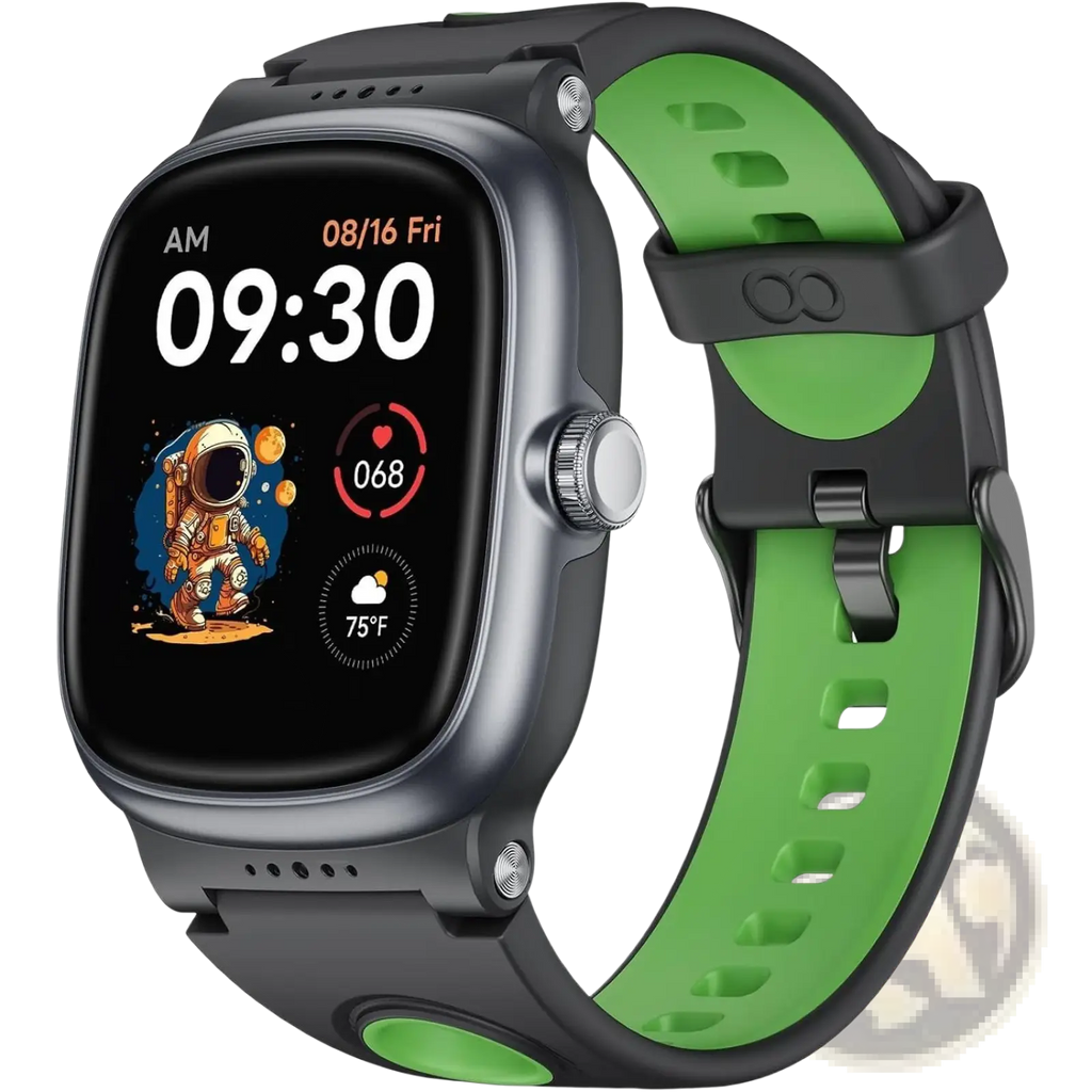 Black and green K1 kids waterproof smartwatch with fitness tracking and space-themed screen display
