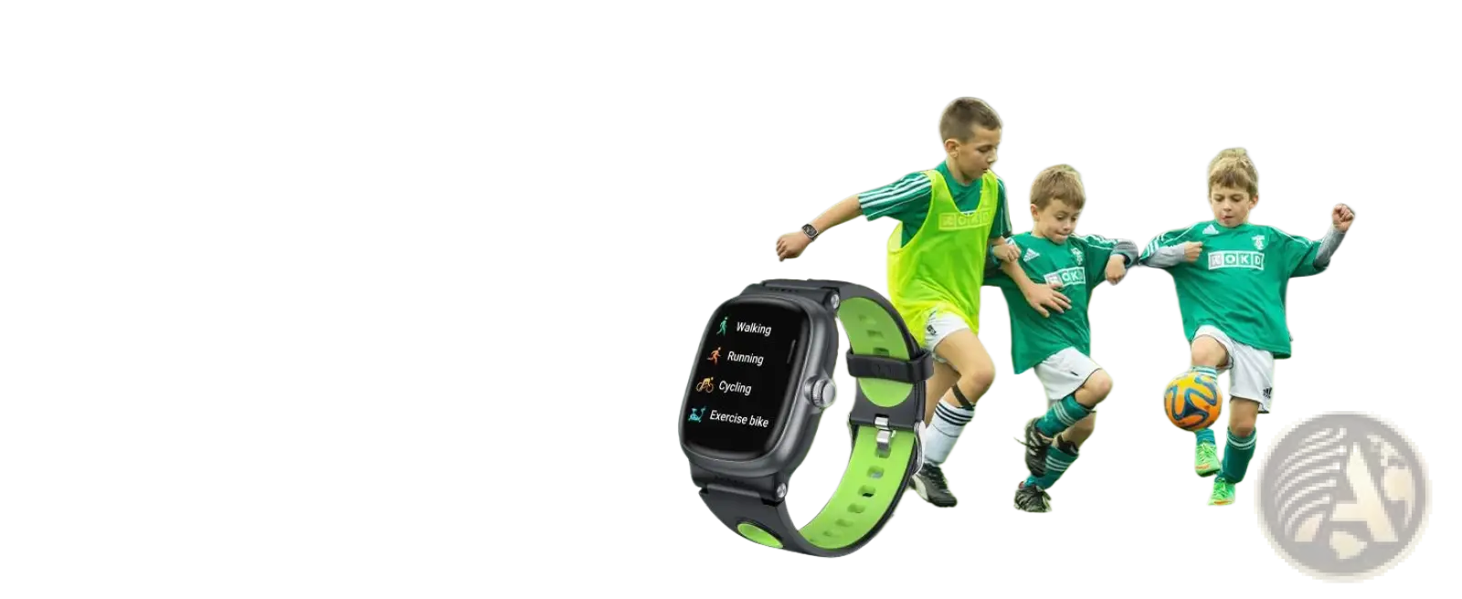 Black and lime green k1 kids waterproof smartwatch with fitness tracking and digital display showing fitness metrics