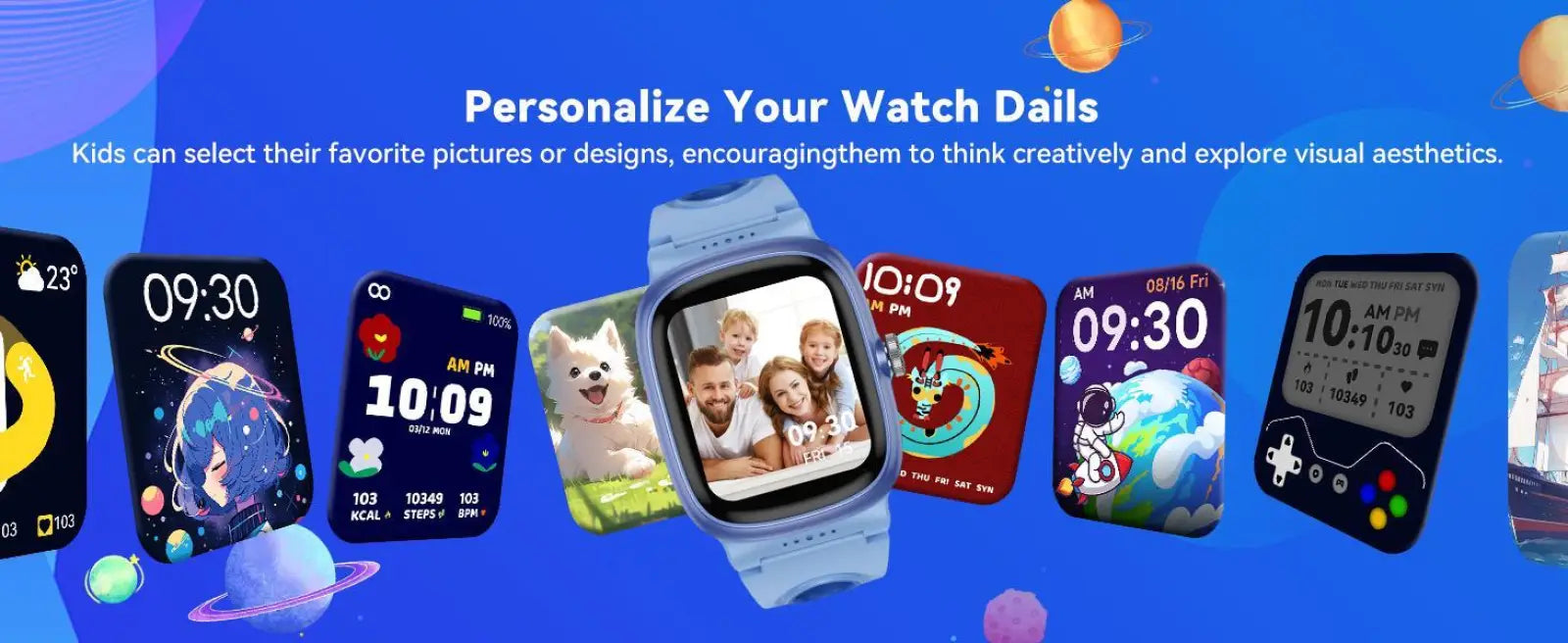 Light blue K1 kids waterproof smartwatch with customizable digital family photo watch face and fitness tracking features
