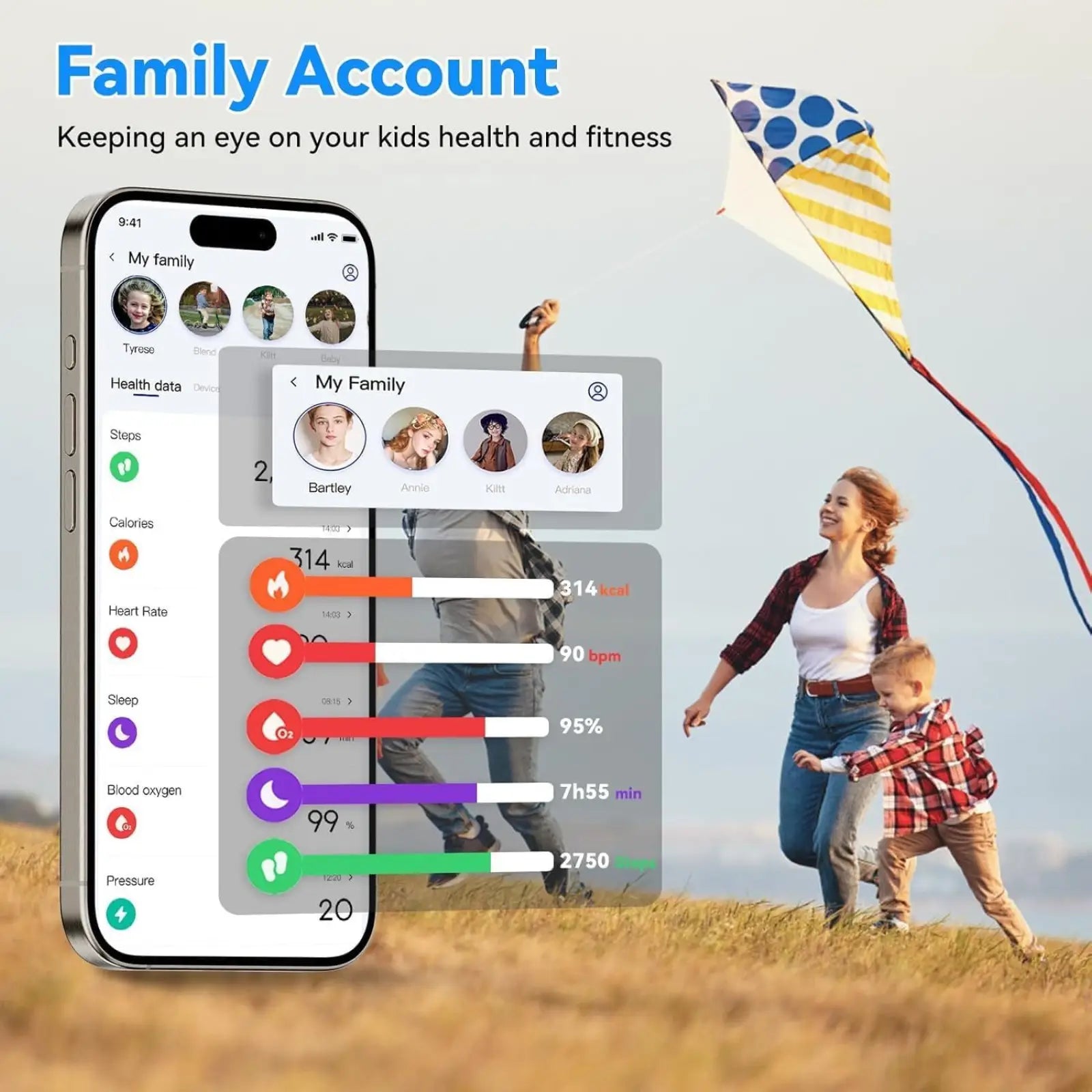 Smartphone displaying k1 kids waterproof smartwatch app interface for family health and fitness tracking in real time
