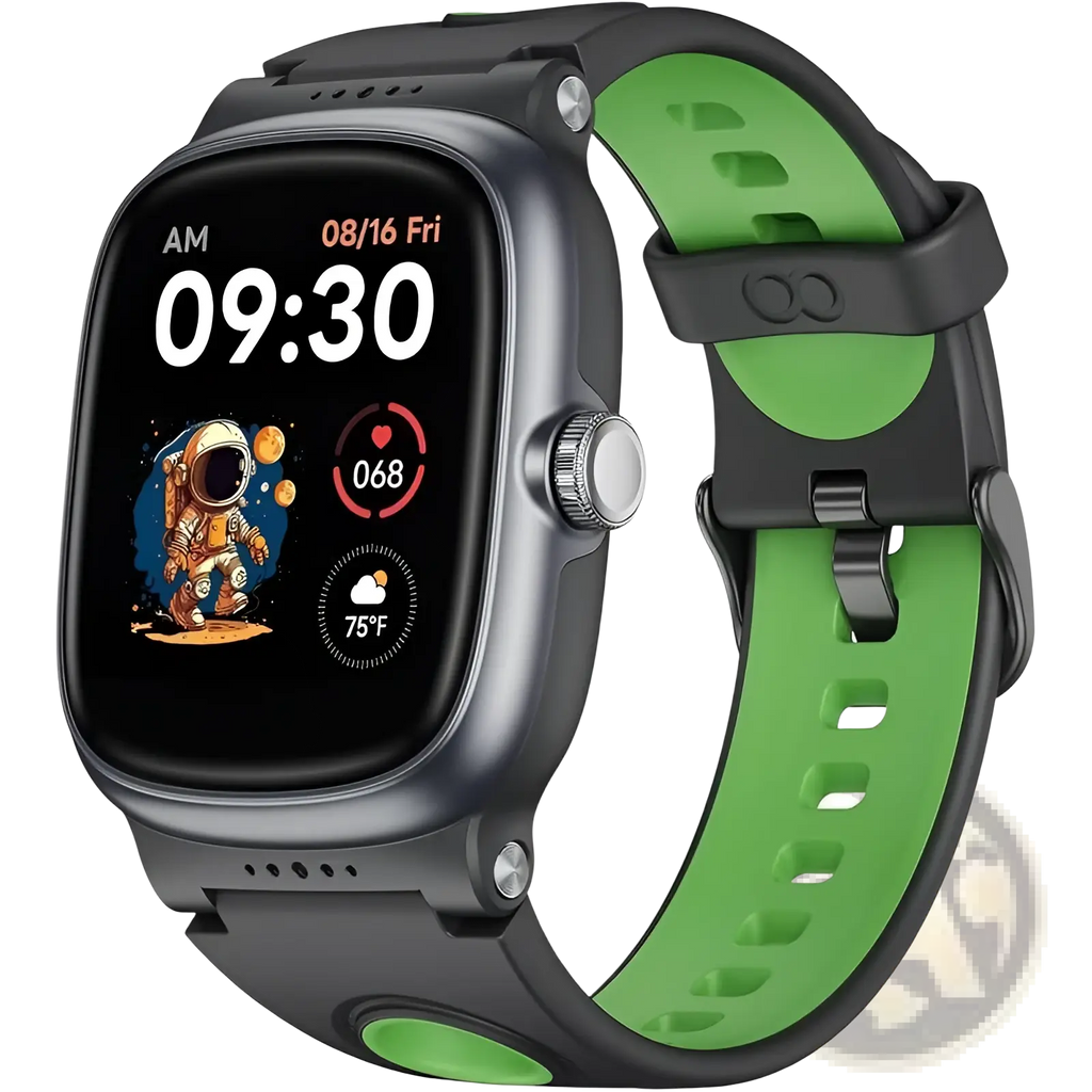 K1 kids waterproof smartwatch with fitness tracking in black and green silicone strap and astronaut-themed screen