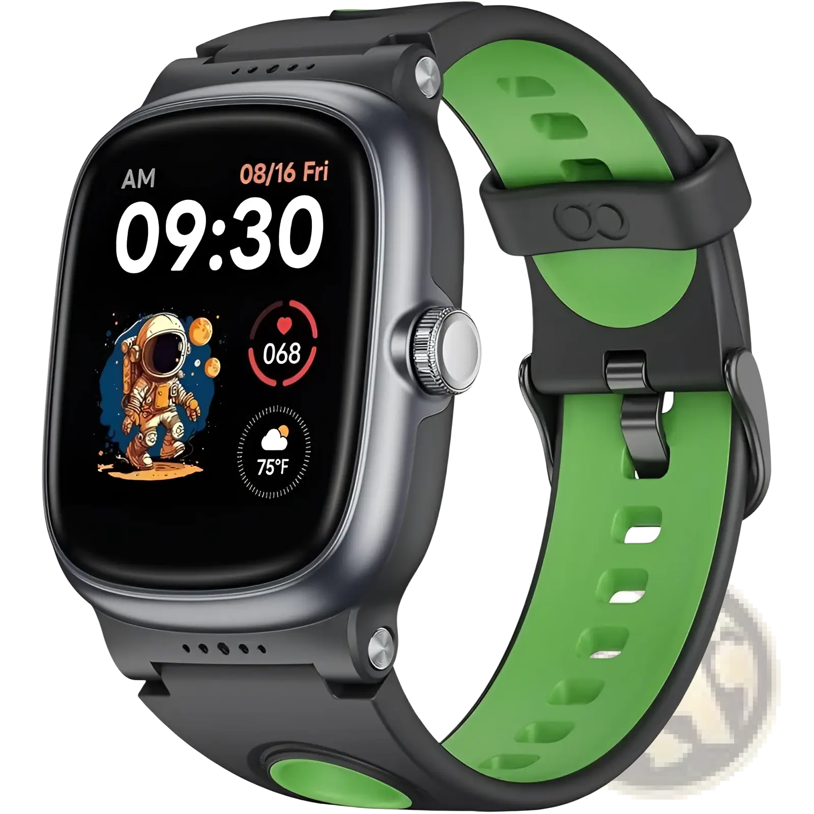 K1 kids waterproof smartwatch with fitness tracking in black and green silicone strap and astronaut-themed screen