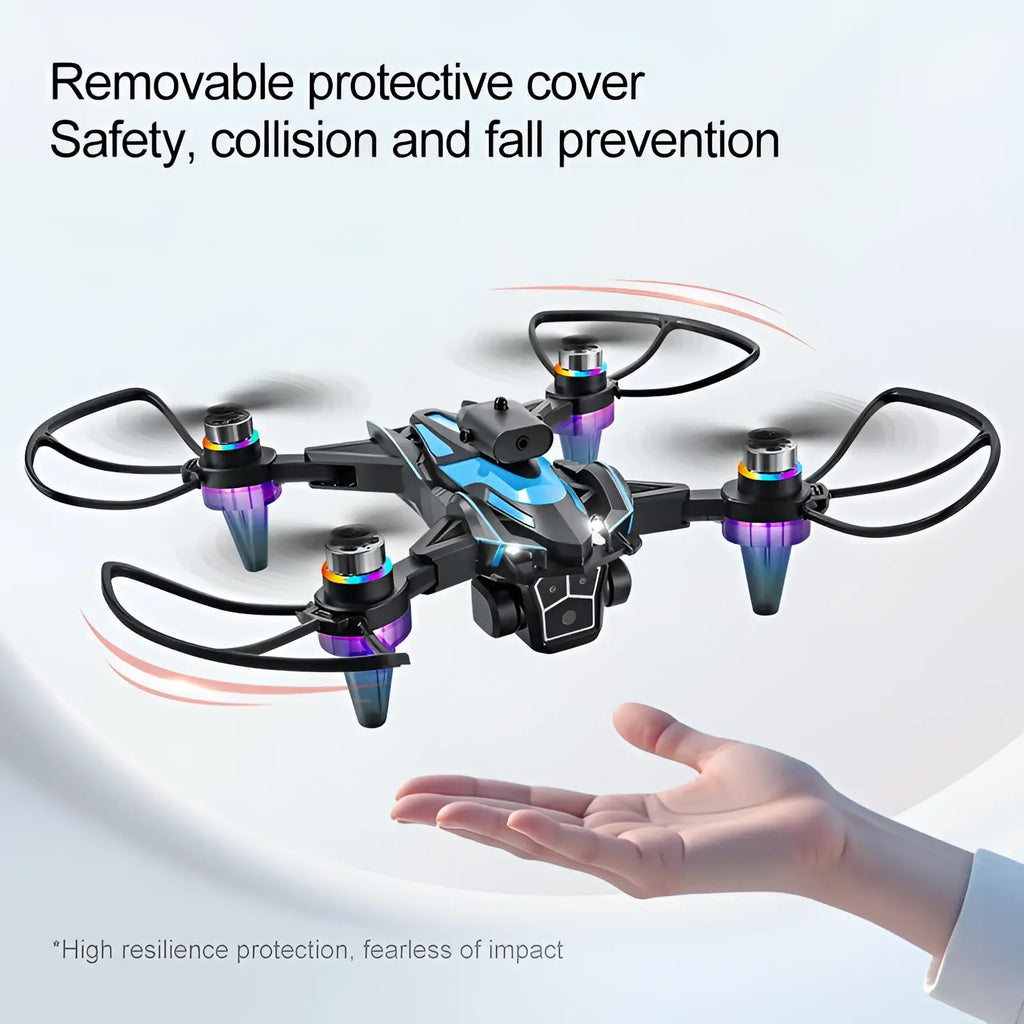 Black and blue k12 led drone with purple led lights on propellers featuring 4.3 inch screen and dual battery system