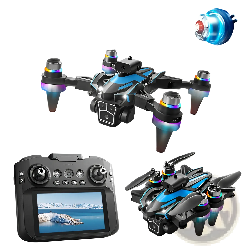 Black and blue k12 led drone with colorful led propeller lights featuring a 4.3 inch screen and dual battery system