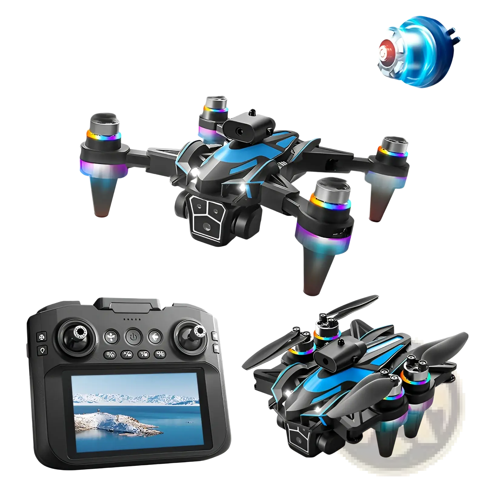Black and blue k12 led drone with colorful led propeller lights featuring a 4.3 inch screen and dual battery system