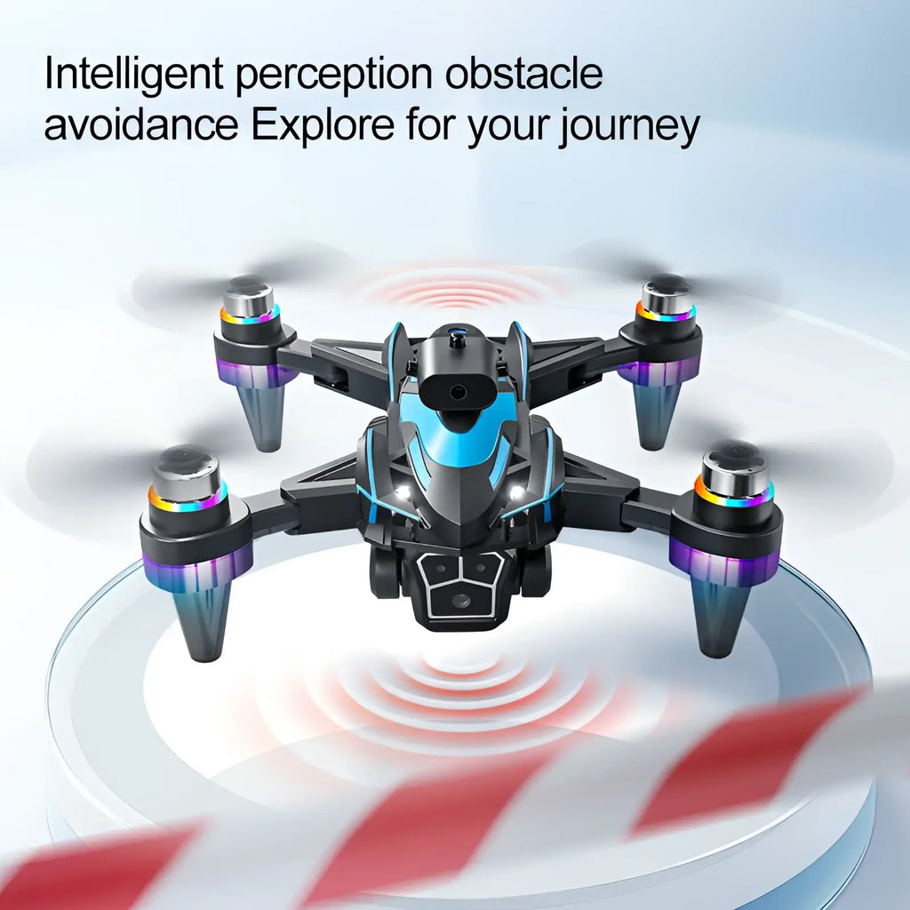 Black and blue k12 led drone with 4.3 inch screen, dual battery, and rainbow-colored propeller hubs visible