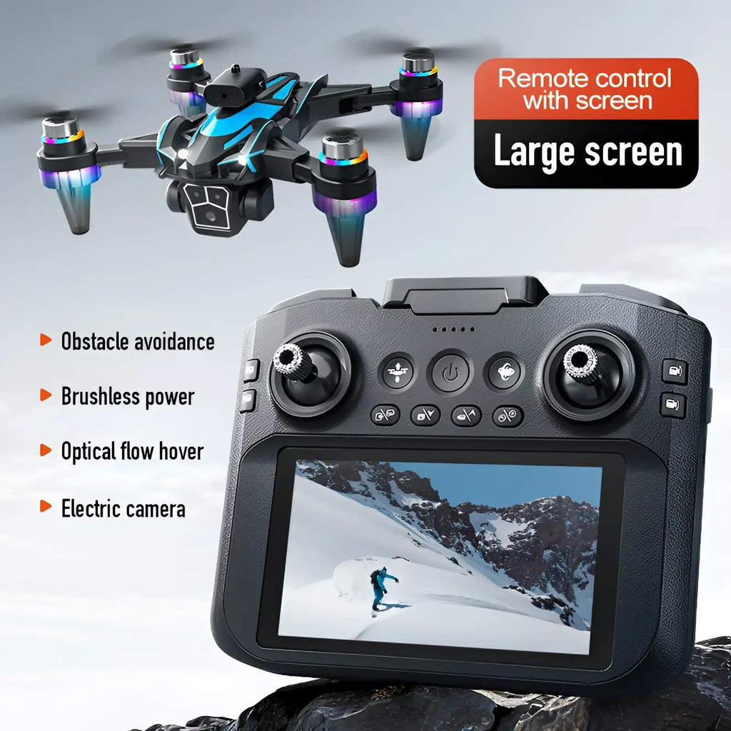 Black and blue k12 led drone with led-lit propellers and a remote control featuring a 4.3 inch screen and dual battery