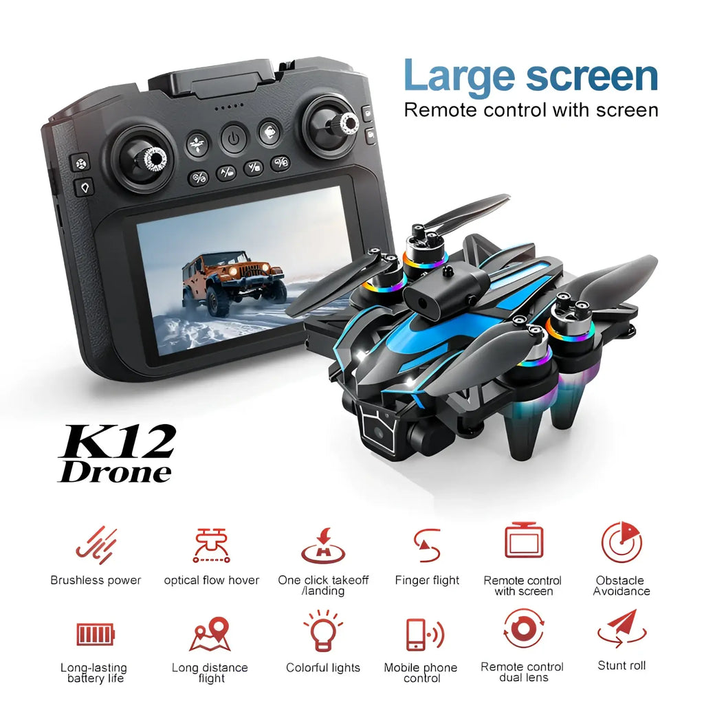 Black and blue K12 led drone with colorful LED lights on propellers featuring 4.3 inch screen and dual battery