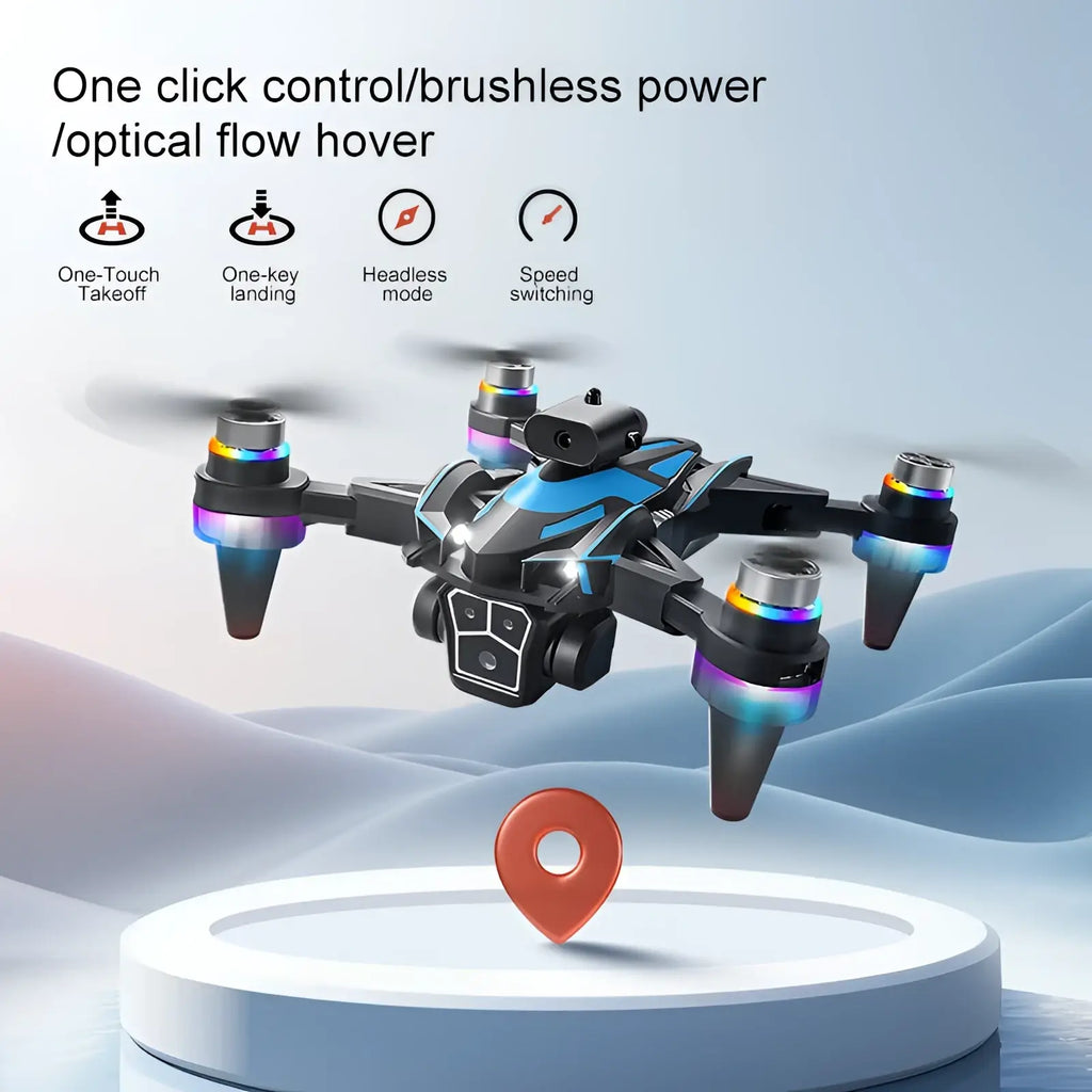 Black and blue futuristic quadcopter k12 led drone with glowing rainbow led lights on propeller hubs and dual battery