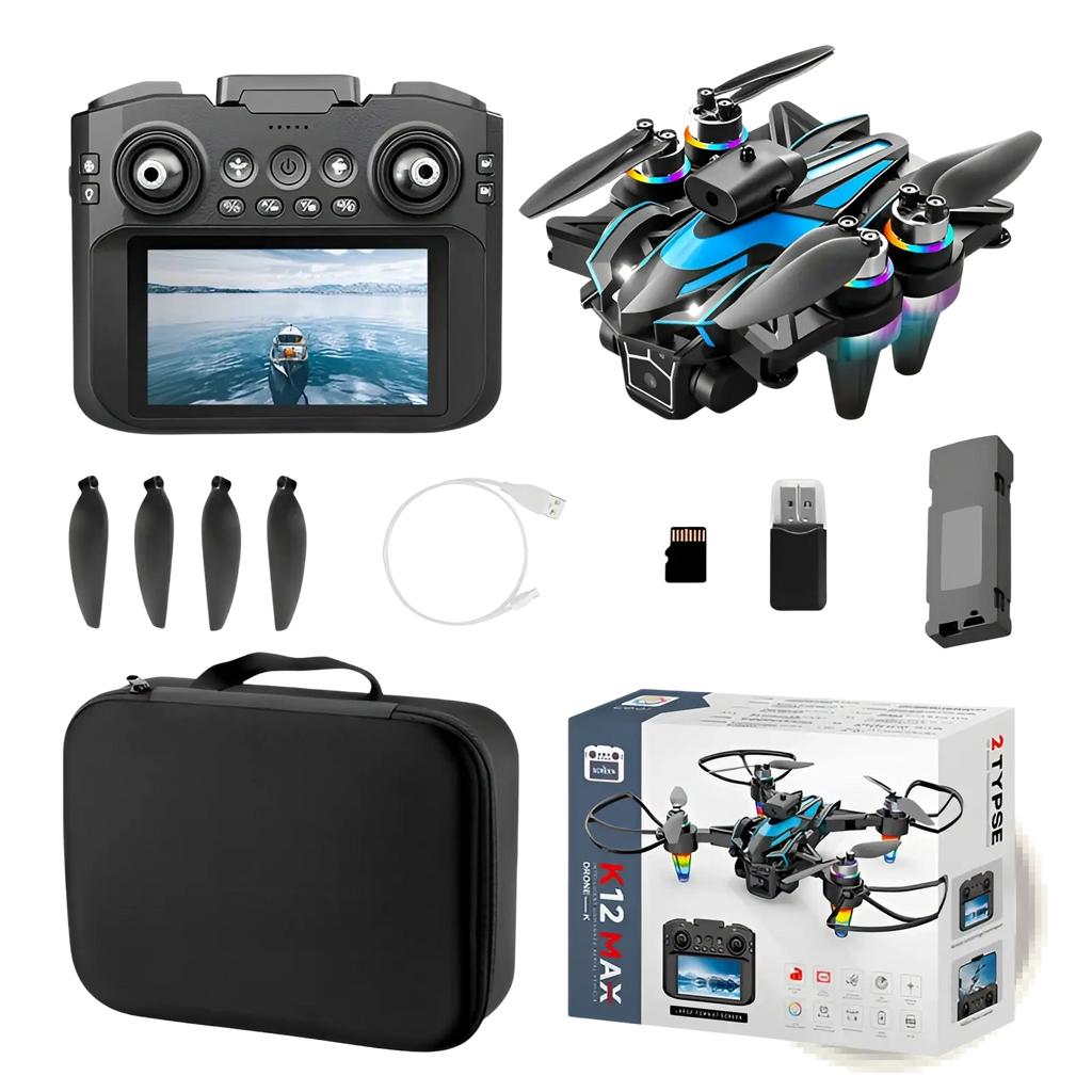 Blue and black foldable k12 led drone with rainbow propeller lights dual battery and 4.3 inch screen