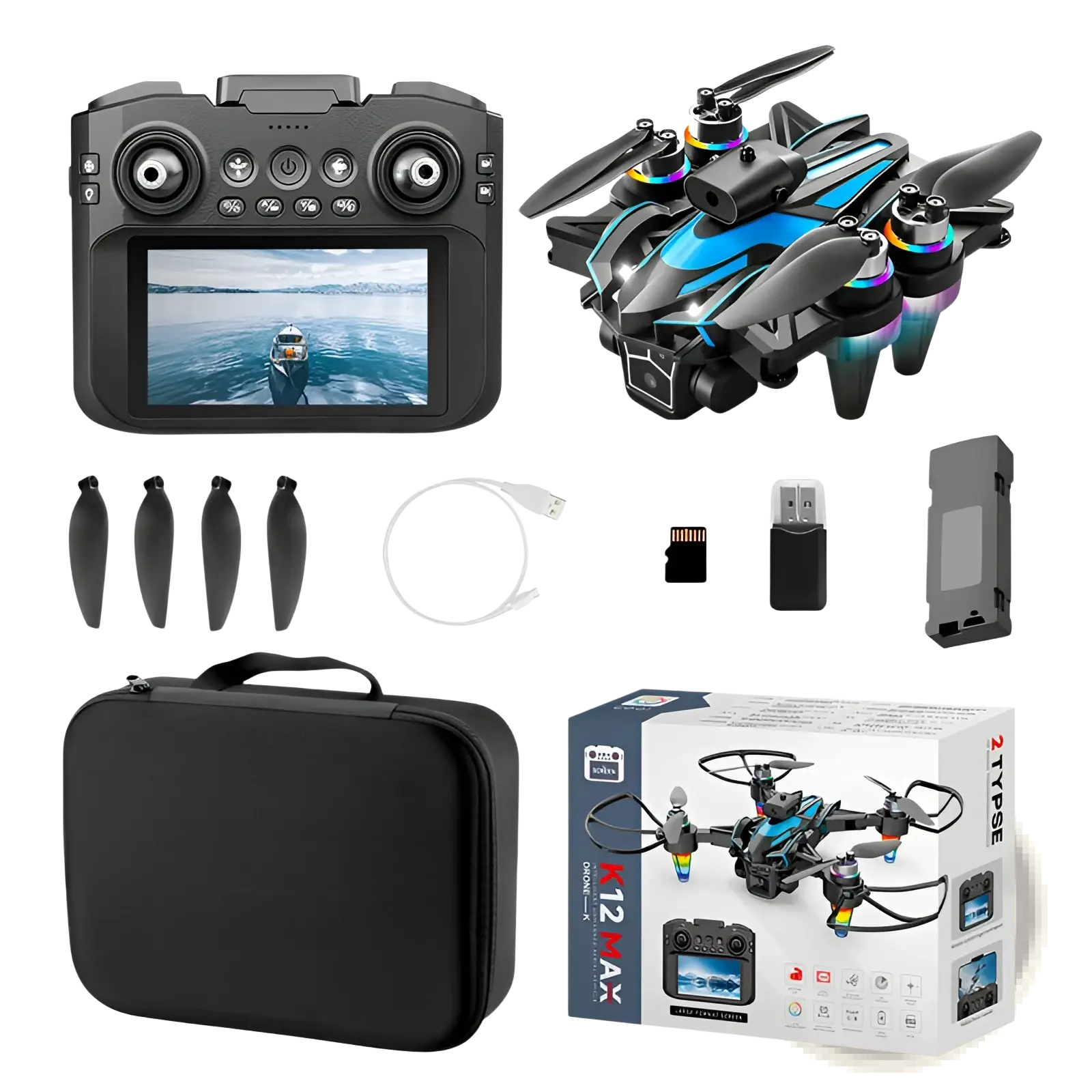 Blue and black foldable k12 led drone with rainbow propeller lights dual battery and 4.3 inch screen