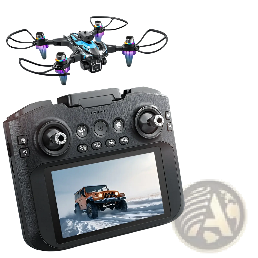 Blue and black remote-controlled K12 led drone with colorful led lights, 4.3 inch screen, and dual battery shown from back side