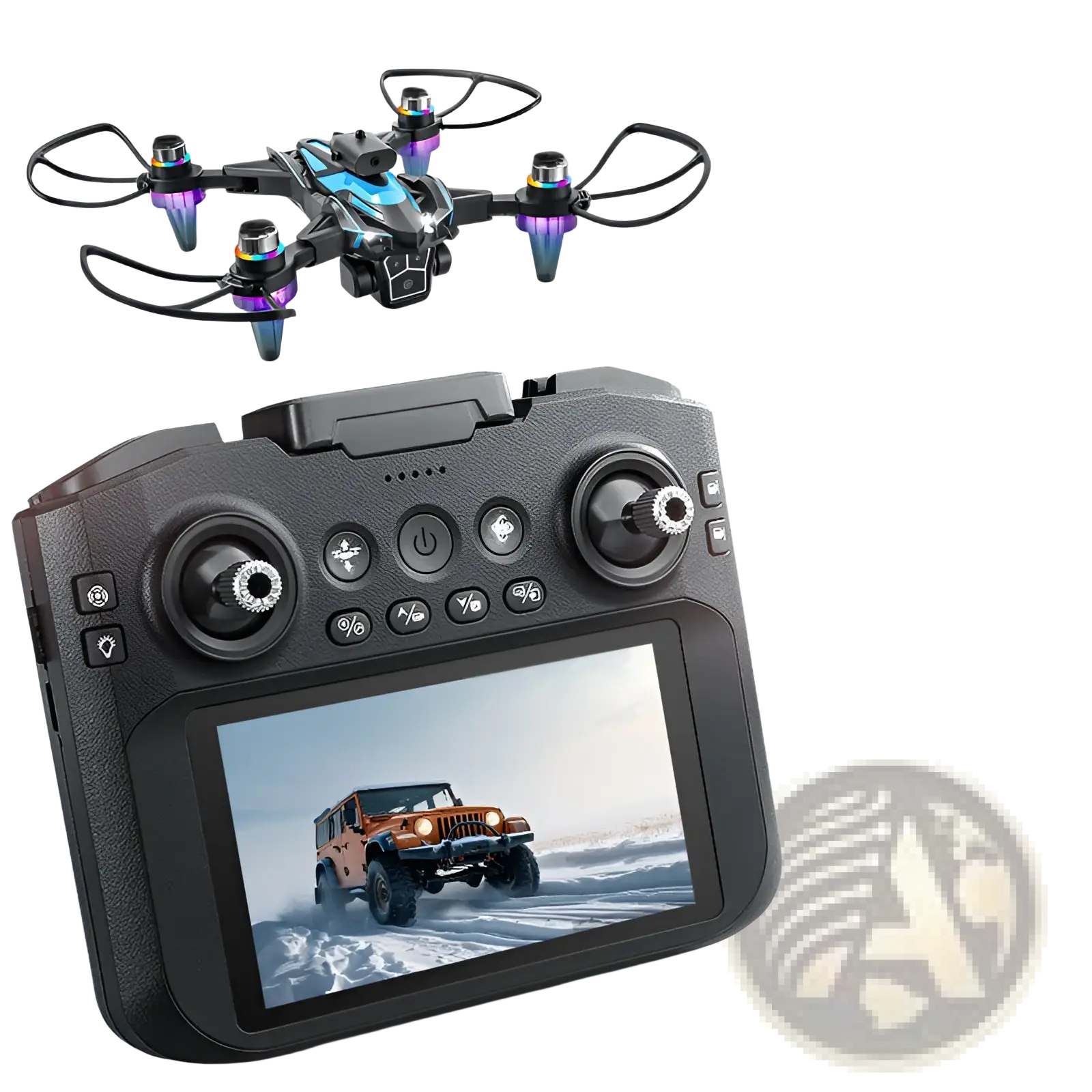 Blue and black remote-controlled K12 led drone with colorful led lights, 4.3 inch screen, and dual battery shown from back side