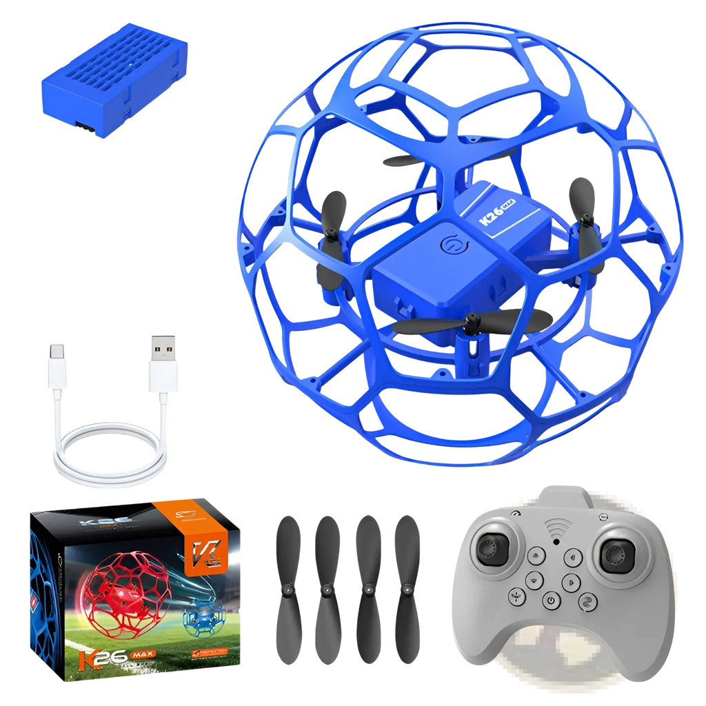 Blue spherical drone encased in a geometric cage structure from K26 football drone with dual battery feature