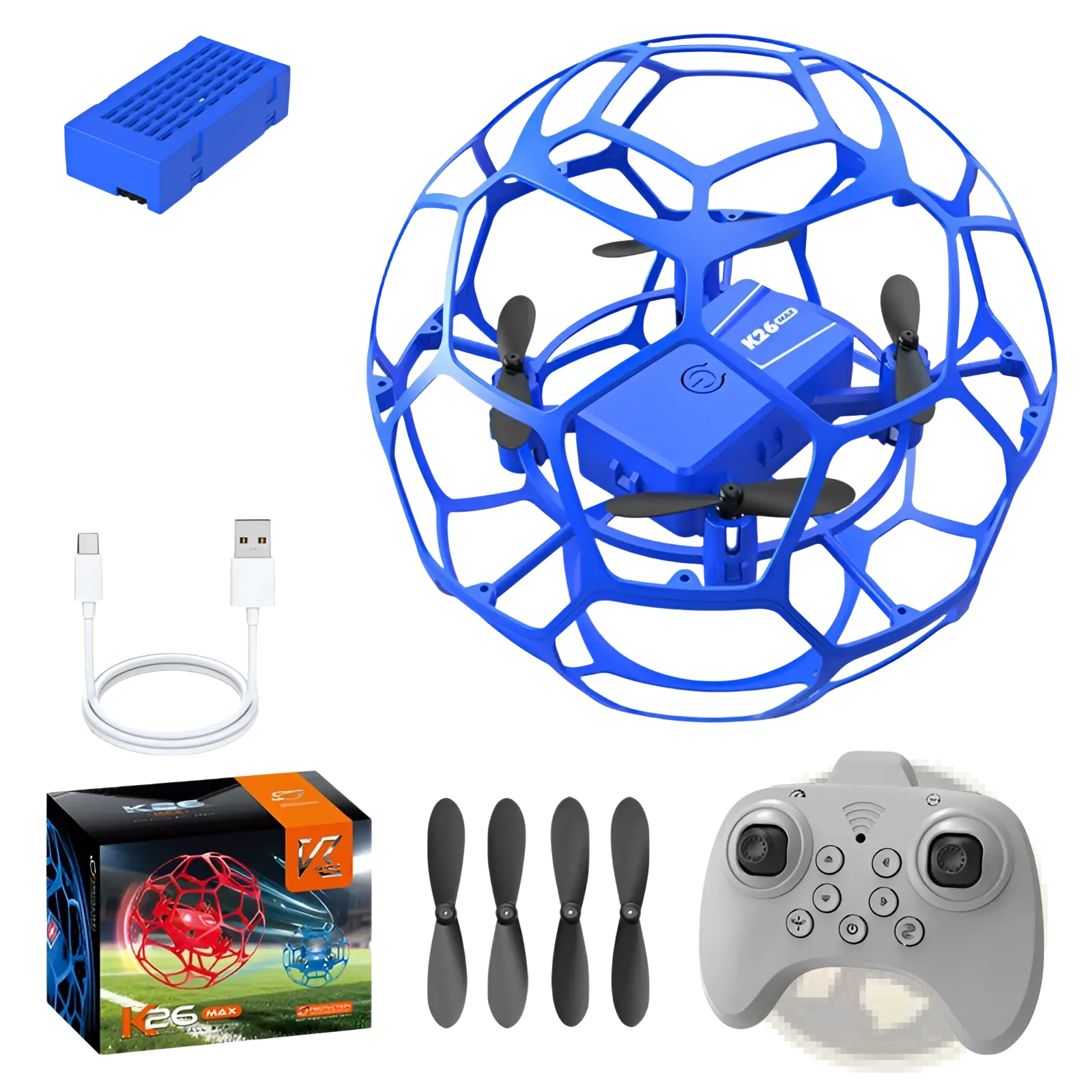 Blue spherical drone encased in a geometric cage structure from K26 football drone with dual battery feature